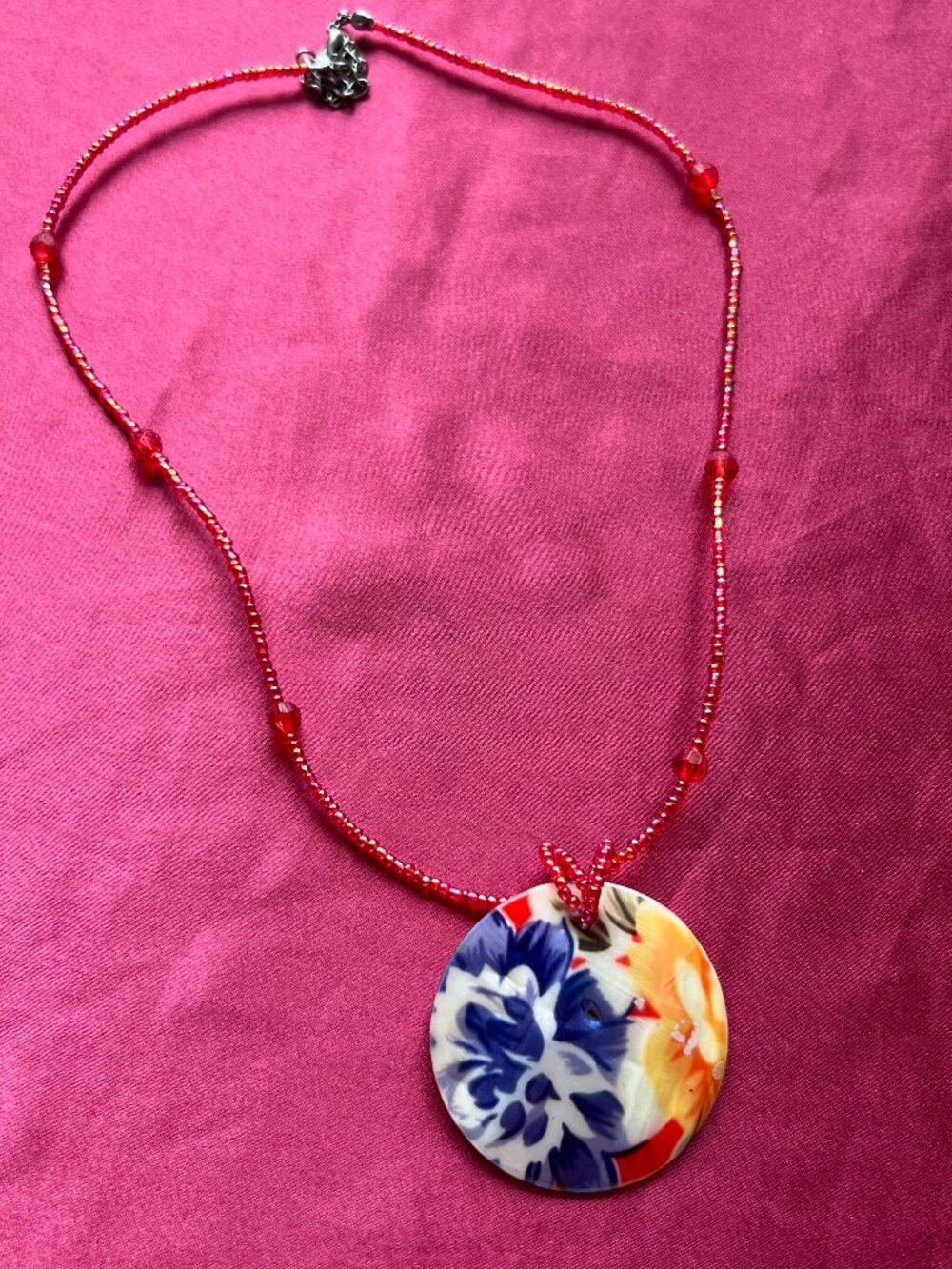 Red Beaded Round Shell Pendant Necklace Blue Floral Design, Adjustable